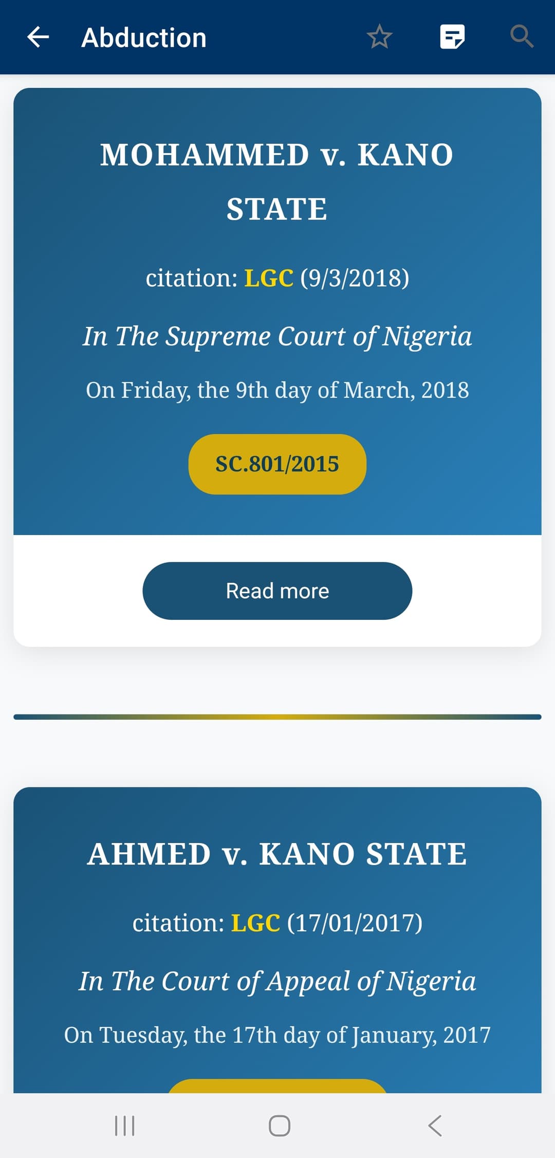 Browsing cases by subject in the Lawyers Guide app